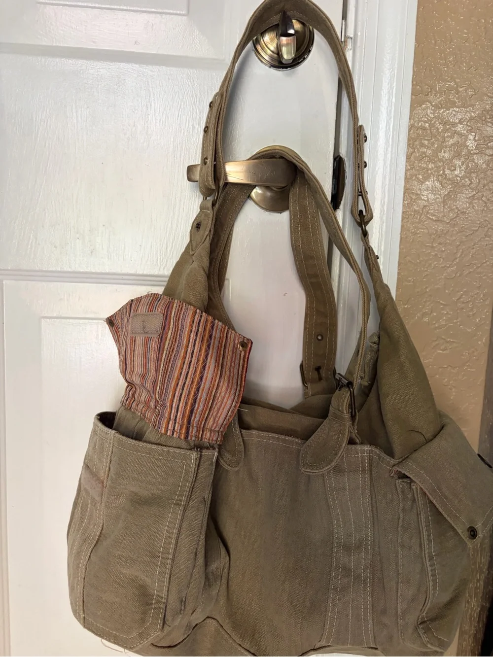 Khaki Canvas Utility Tote Bag | Multi Pocket Shoulder Bag